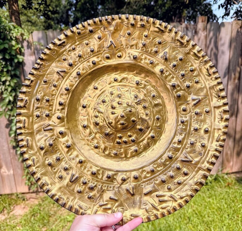 Vintage Hand Hammered Mexican Brass Aztec Calendar Wall Plaque 15.75"